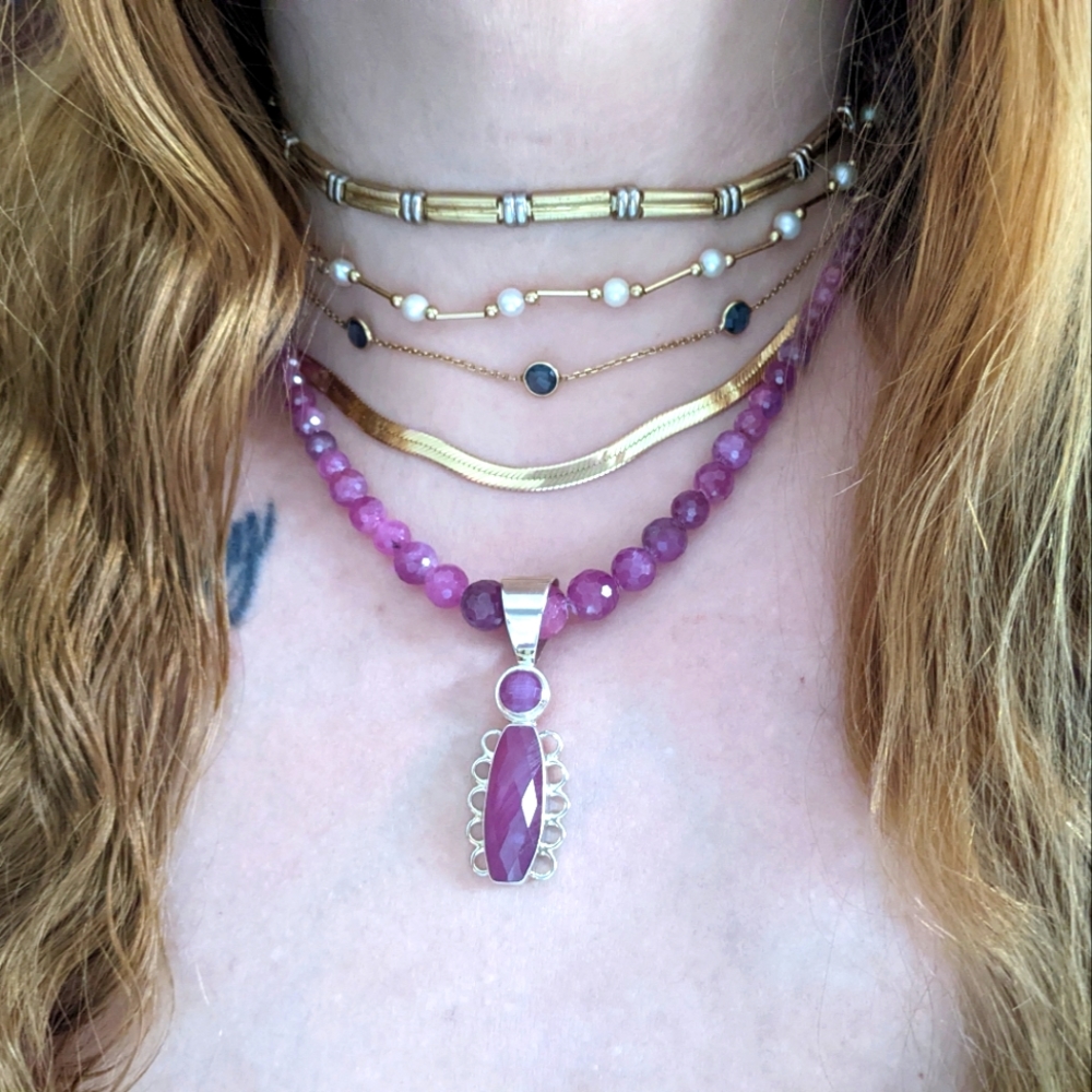 Exquisite Purple Sapphire Beaded Gemstone Pendant  Necklace Jay King S. Silver